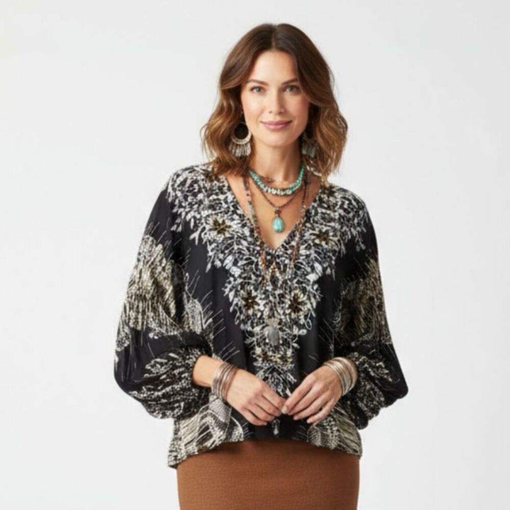 Free People Black Print Long Sleeve Peasant Boho Festival Oversized Top Blouse M